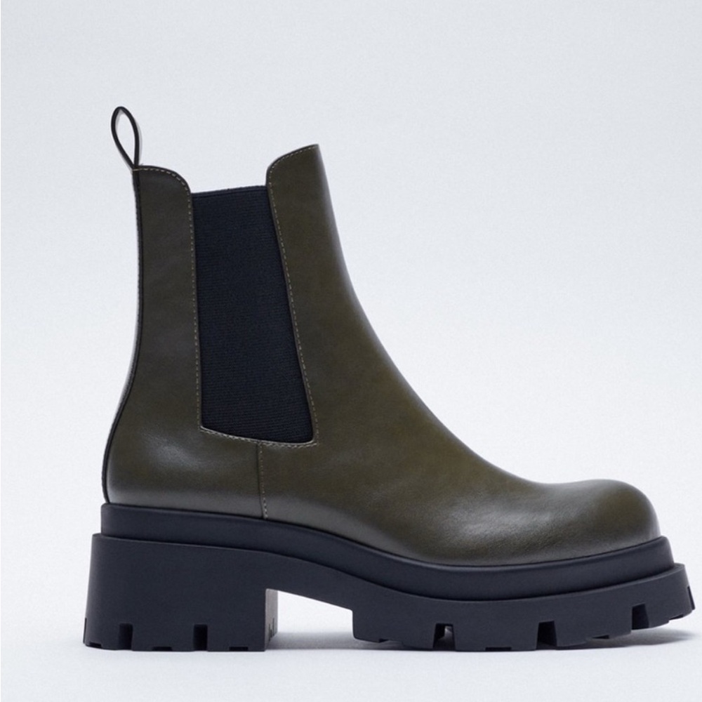 Zara low heeled lug sole ankle boots (Olive Green)